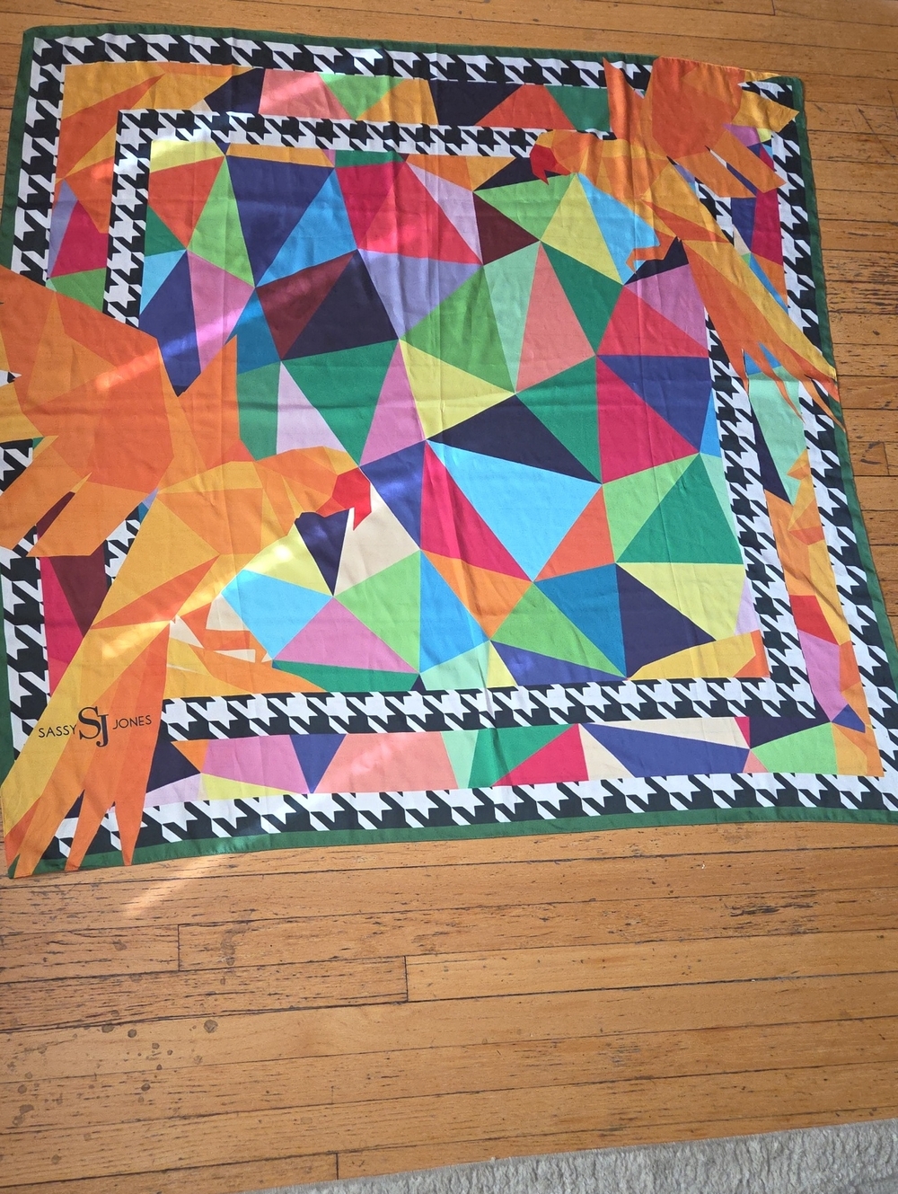 Sassy Jones Multicolor Geometric Throw with Orange Parrot Scarf